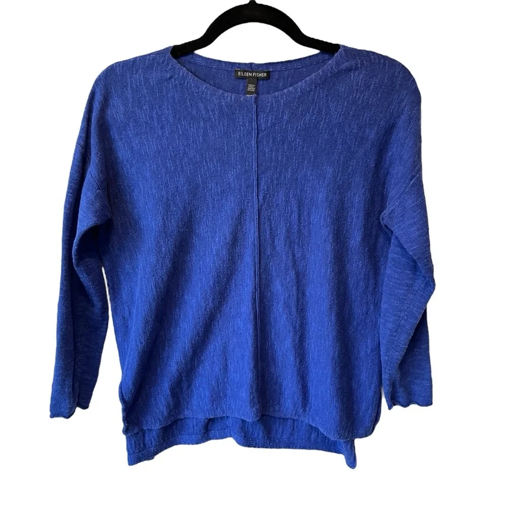 Eileen Fisher Organic Linen cotton tee XXS Blue Boatneck 3/4 sleeves top HOLE - Picture 3 of 8